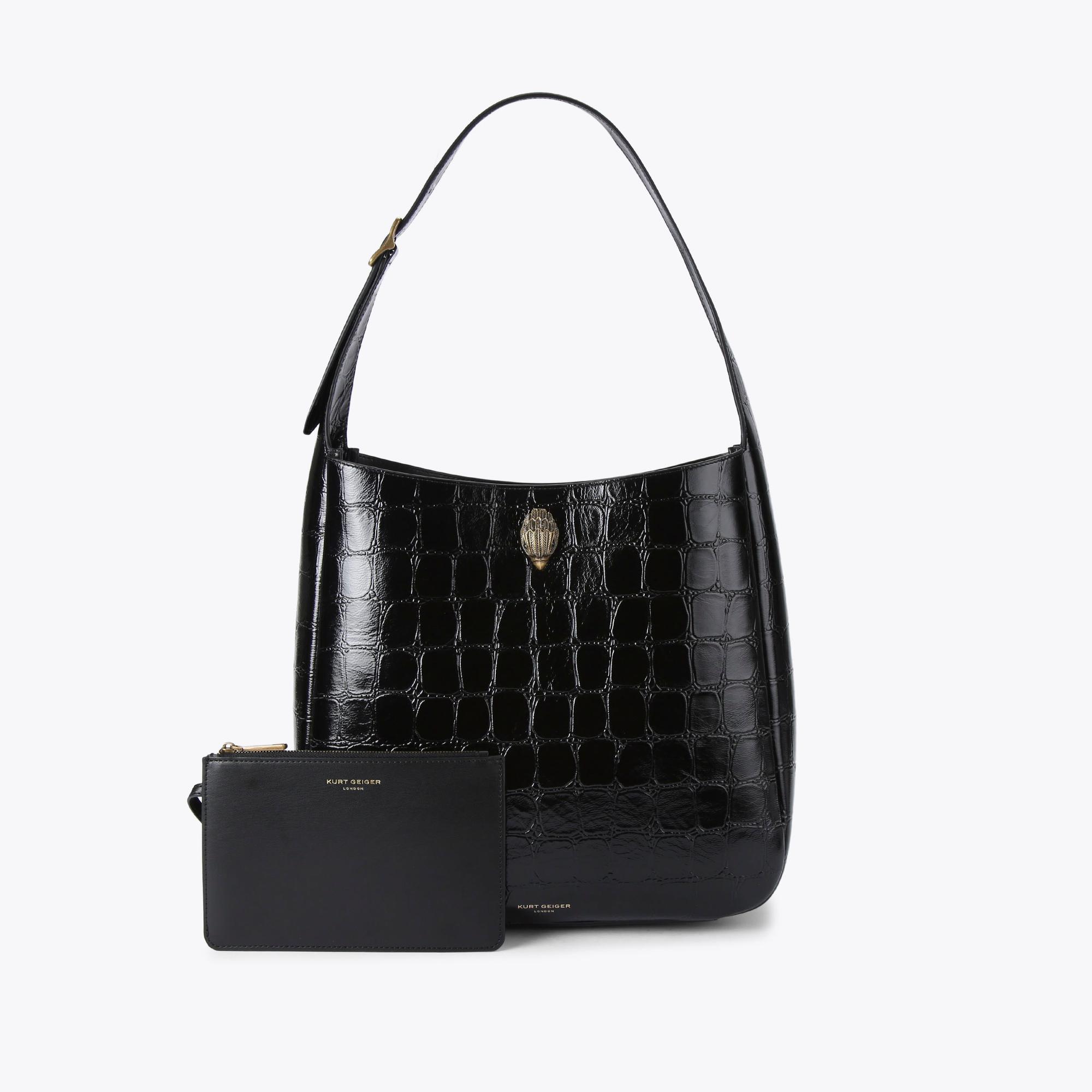 Kurt Geiger London Large Bond Shoulder Bag - Black Croc Print Hobo Bag