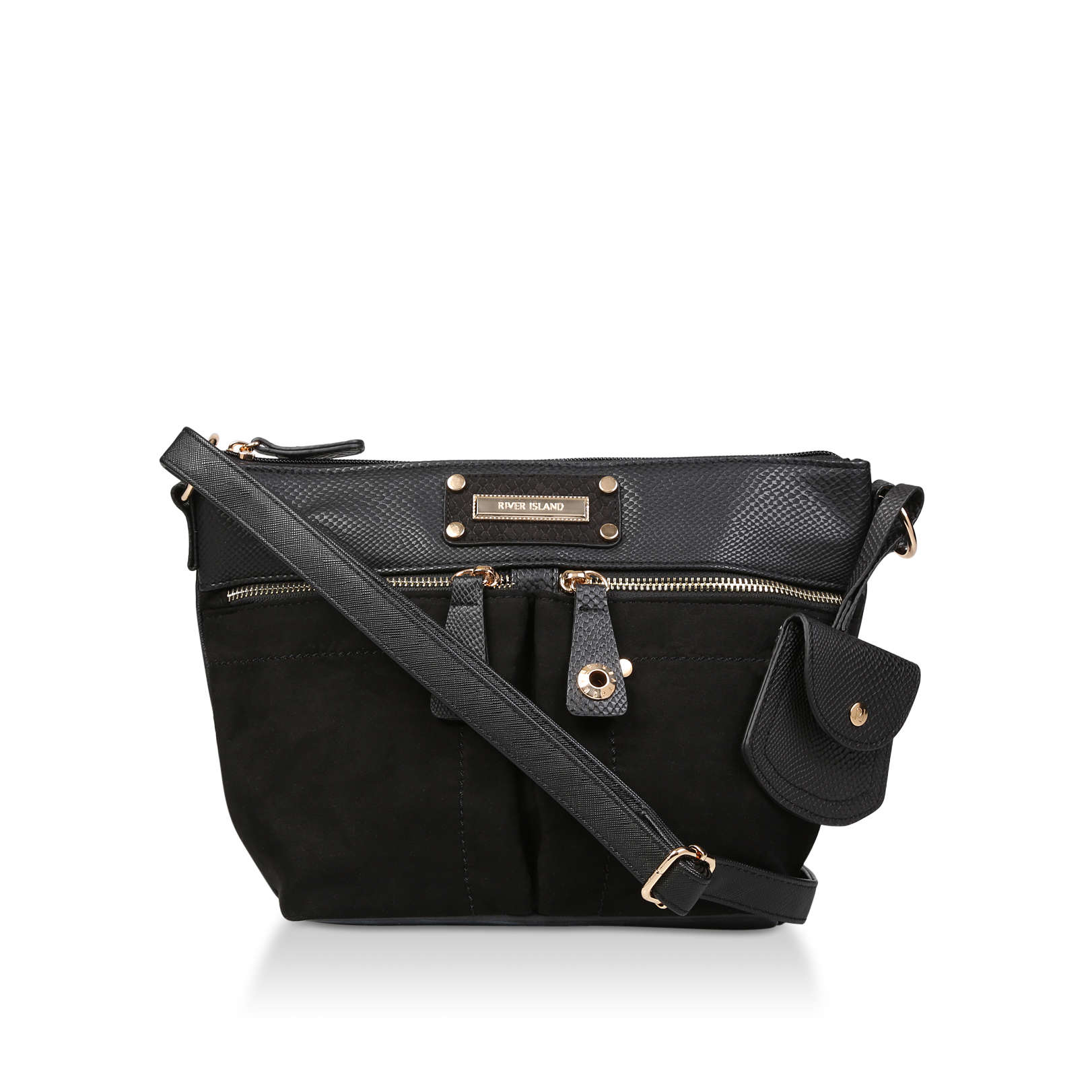 river island black double pocket messenger bag
