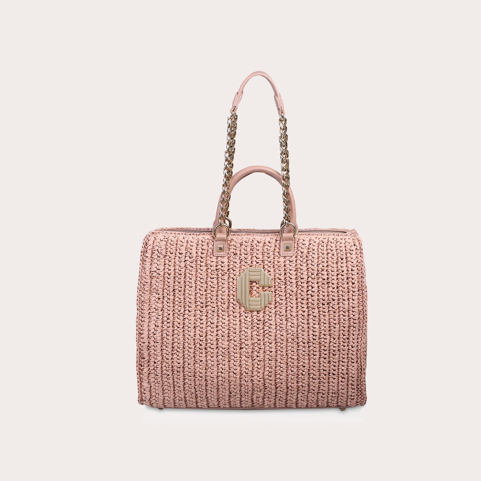 SIG C RAFFIA TOTE Blush Raffia Woven Tote by CARVELA