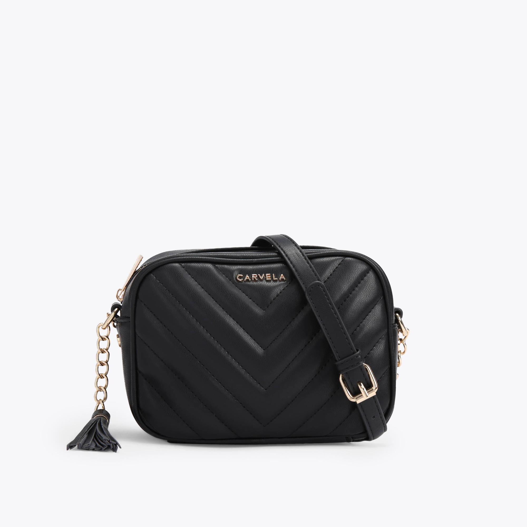LARA TASSEL X BODY Black Chevron Quilted Cross Body Bag by CARVELA