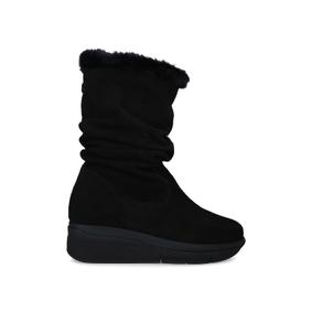 black faux fleece cuff wedge heel trainers