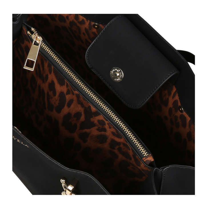 black handbag with leopard print