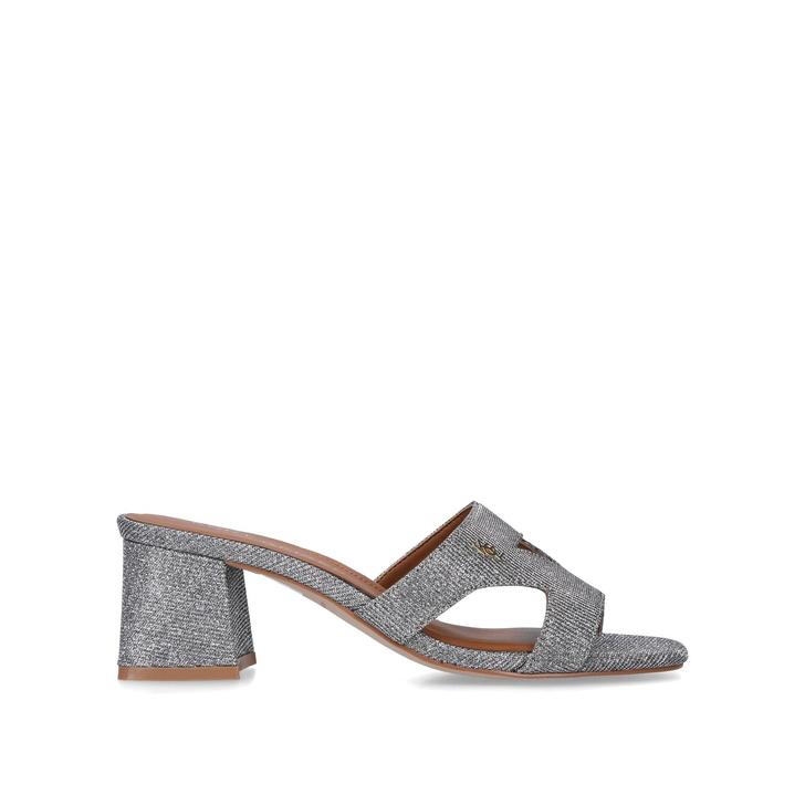 silver metallic block heel sandals