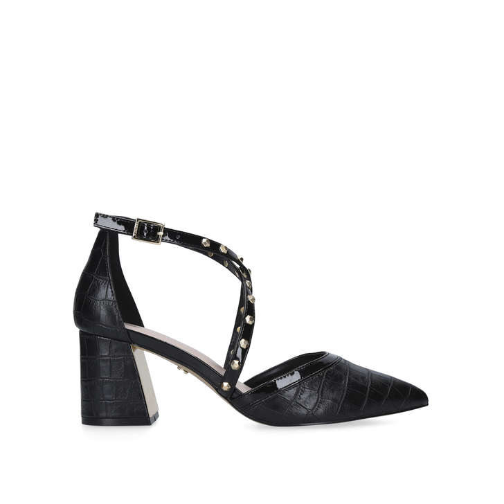 black croc block heels