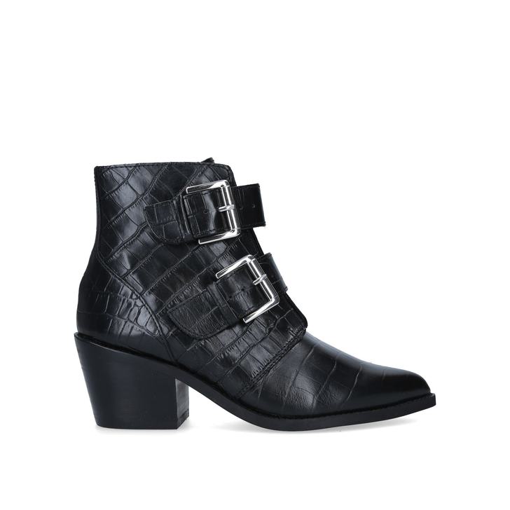 kurt geiger denny black croc effect black ankle boots with buckle detail