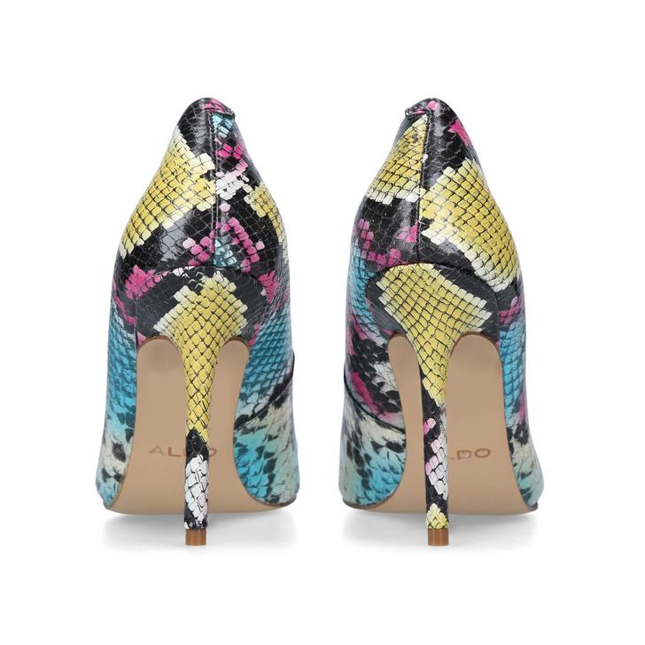 multi coloured snake print heels