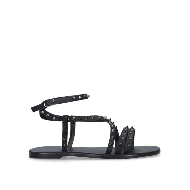 Black Studded Strappy Flat Sandals 